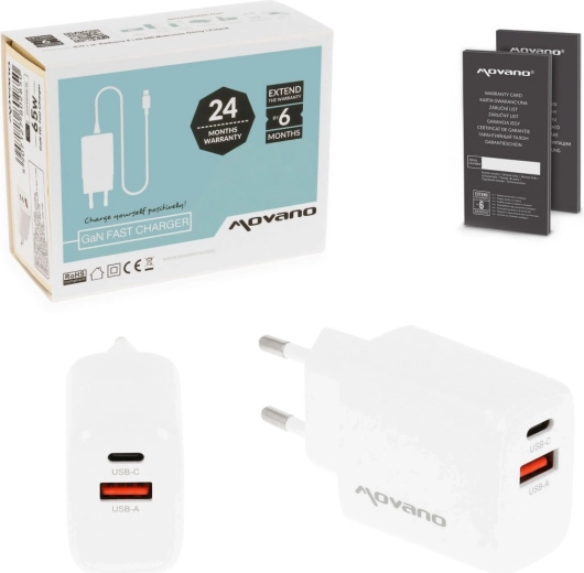 Chargeur Movano GaN 30 W USB-C PD + USB-A blanc - 1 pièce