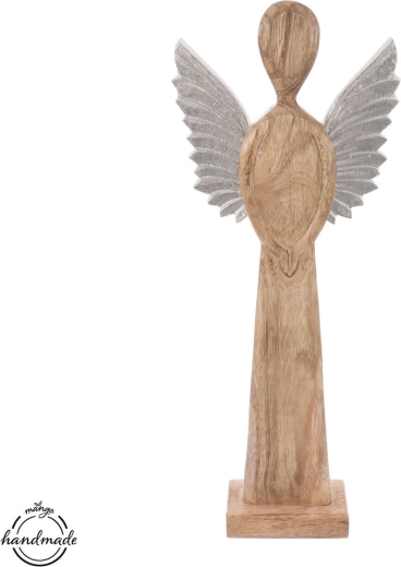 Ange décoratif en bois avec ailes en métal, teinte mangue, 42,5 cm