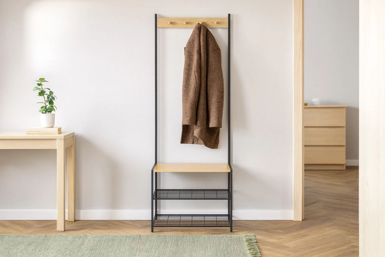Organisation 2‑en‑1 : portemanteau, banc et meuble à chaussures
