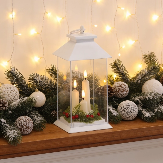 Lanterne LED blanche avec trois bougies et minuterie, 14 × 14 × 27 cm