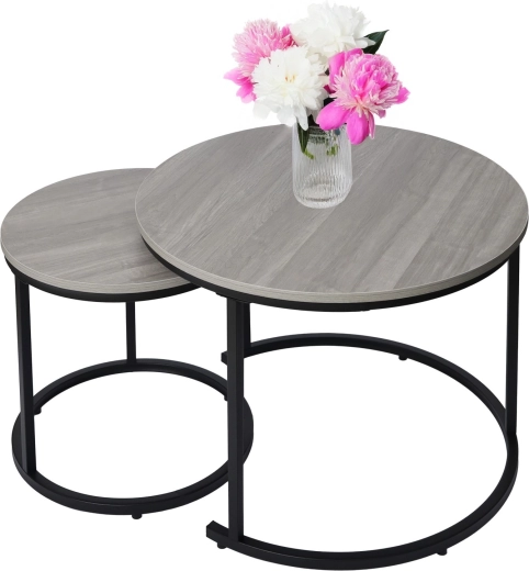 Ensemble de tables basses rondes 2-en-1 au style loft industriel, gris clair