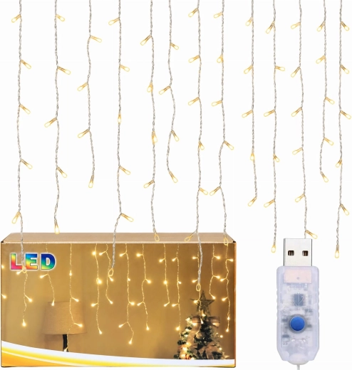 Rideau lumineux de Noël en forme de glaçons, 96 LED, blanc chaud, USB, 3,5 m