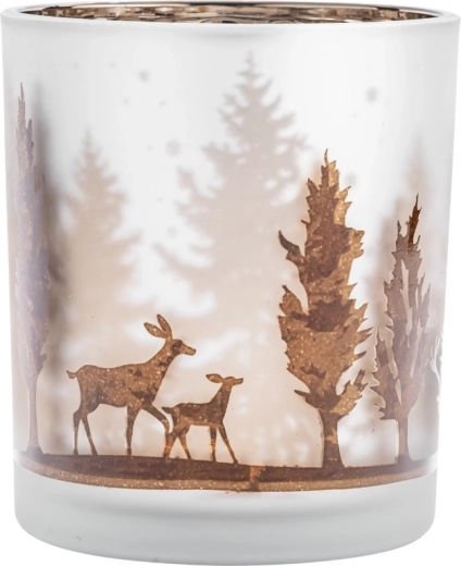 Photophore en verre givré avec motif forestier et intérieur brun doré 9 × 10 cm