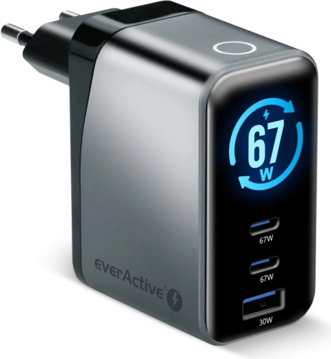 Chargeur GaN EverActive 67 W avec écran LCD (2× USB‑C + USB‑A)