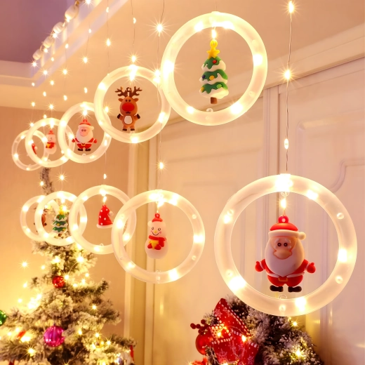 Rideau lumineux LED avec anneaux et figurines de Noël - 1 pièce