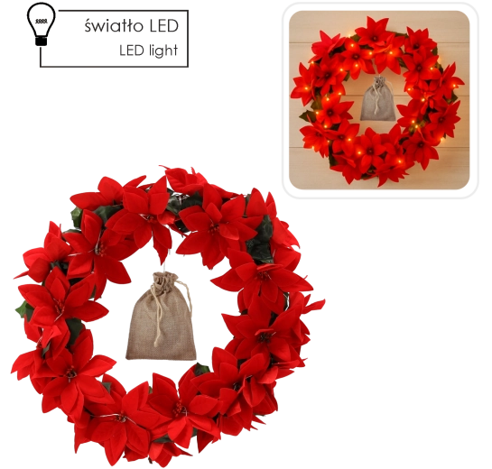 Couronne de Noël avec poinsettias et éclairage LED de 40 cm