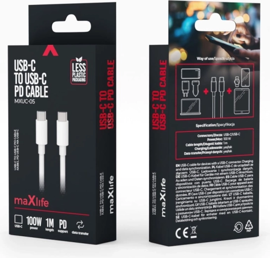 Câble Maxlife MXUC-05 USB-C vers USB-C 1 m 100 W blanc