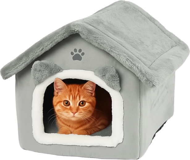 Maison et panier en peluche Purlov pour chat gris - 1 pièce