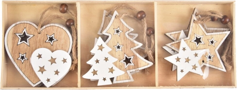 Ornement suspendu en bois brun et blanc 8 cm (6 pcs)