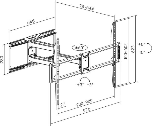 Réglage précis : rotation ±60° et inclinaison +5° / −15°
