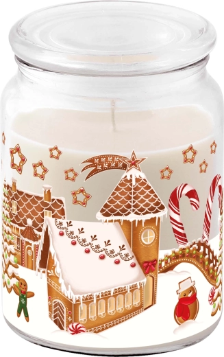 Bougie parfumée en verre avec couvercle Maisonnette en pain d’épices 510 g