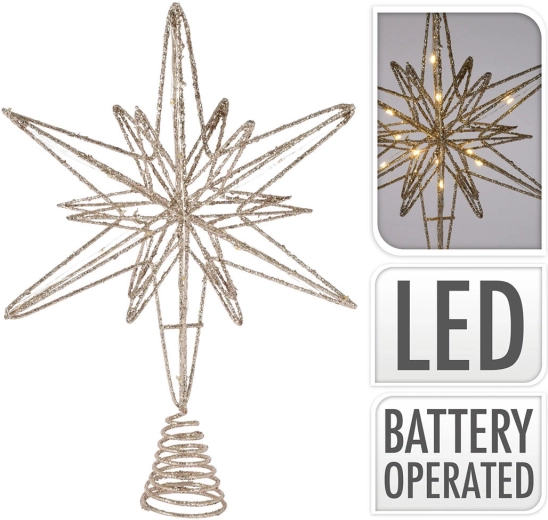 Cimier de sapin de Noël en forme d'étoile avec 20 LED, 33 cm, champagne/doré
