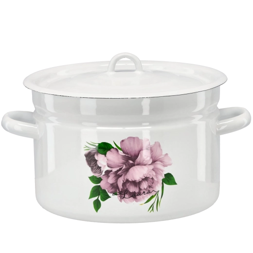 Marmite émaillée 9 l, 26 cm, blanche avec motif Pivoine Laura