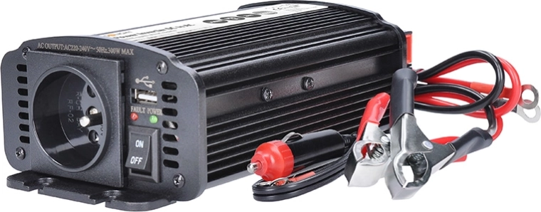 Solight convertisseur de tension (inverseur) 12 V vers 230 V, 300 W, USB, métallique, noir
