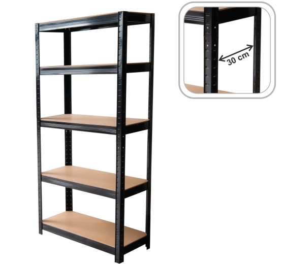 Étagère métallique 5 niveaux 180 × 90 × 30 cm noire, capacité par tablette 175 kg
