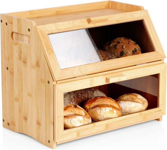 boîte à pain en bambou à deux niveaux 39 × 25 × 32 cm