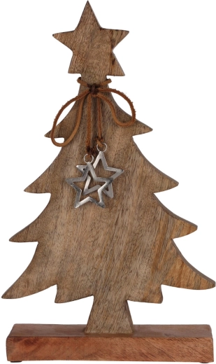 Décoration de Noël en forme de sapin en bois de manguier avec des étoiles en aluminium