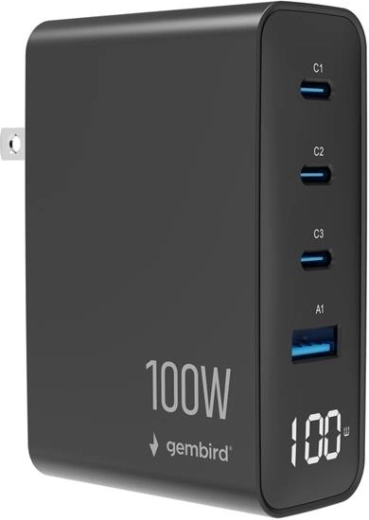 Chargeur universel GaN Gembird 100 W avec LCD, 3× USB-C et 1× USB-A, noir