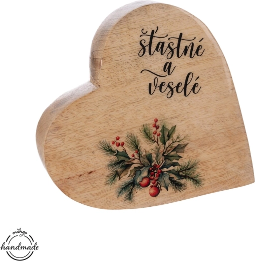 Décoration cœur en bois de manguier avec l’inscription « joyeux et heureux »