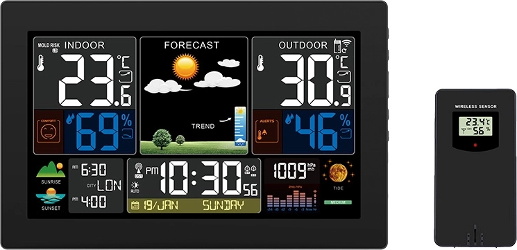 Station météo Solight avec écran LCD couleur XL, température, humidité, pression, RCC, noire