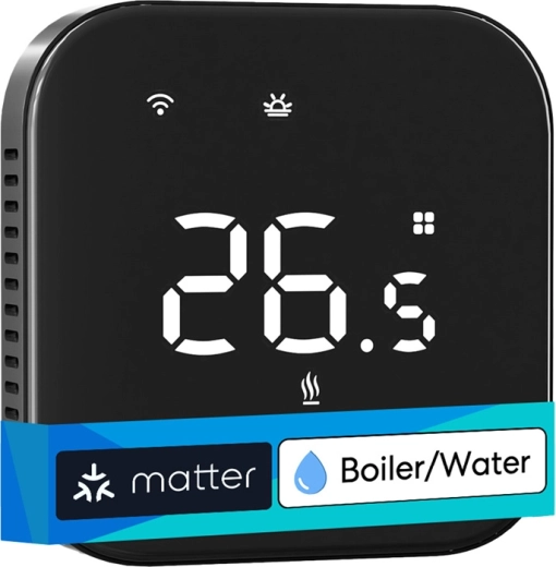 Thermostat intelligent Wi‑Fi Meross pour chauffage à eau avec Matter, noir