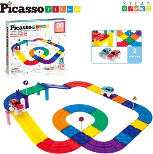 PicassoTiles – circuit de course magnétique à construire avec petites voitures (30 pièces)
