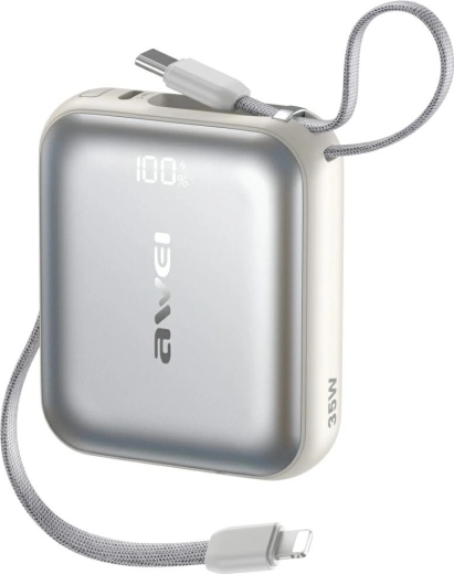 Batterie externe AWEI AS-181 10000 mAh, 35 W, avec câbles intégrés Lightning et USB‑C, argent