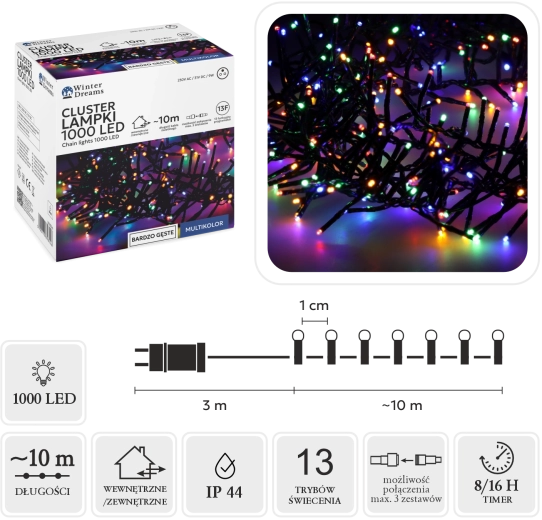 Guirlande lumineuse LED en grappe 1000 LED multicolores 10 m