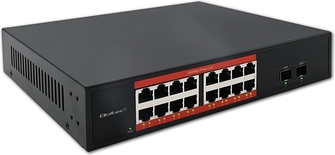 Commutateur PoE gigabit 16× RJ45 et 2× SFP, 1000 Mb/s, châssis métallique