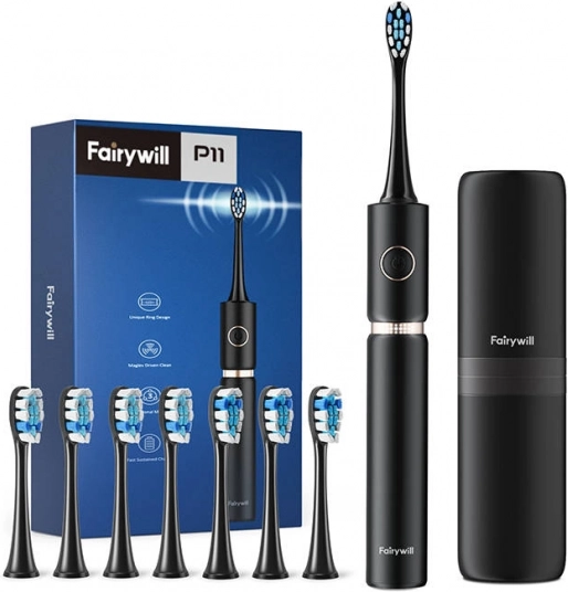 Brosse à dents sonique FAIRYWILL avec 8 têtes et étui de voyage – noir