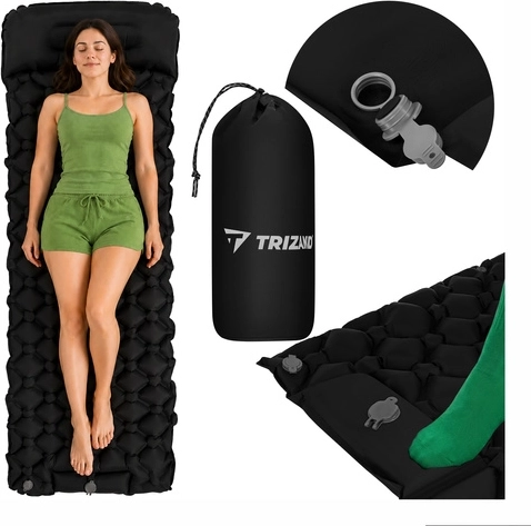 Matelas de randonnée autogonflant pour 1 personne Trizand 190 × 60 cm avec pompe à pied intégrée et housse