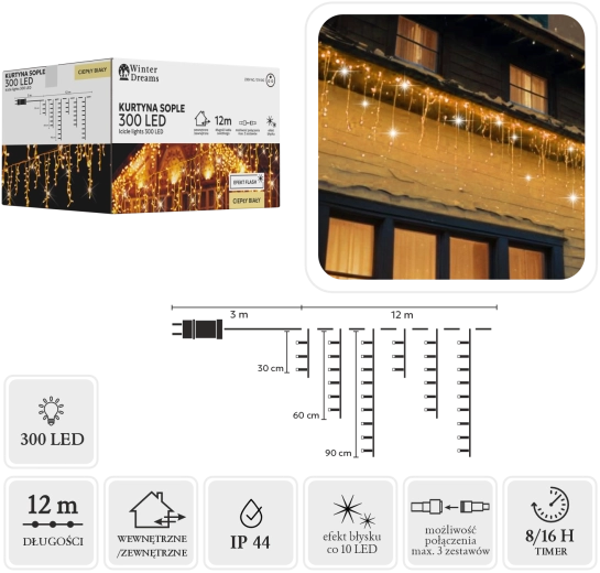 Guirlande lumineuse LED en forme de glaçons, 300 LED, blanc chaud avec effet flash blanc froid, 12 m