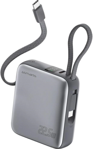 Batterie externe 4smarts Pocket Dual Cord 10000 mAh 22,5 W avec câble USB‑C intégré, gris