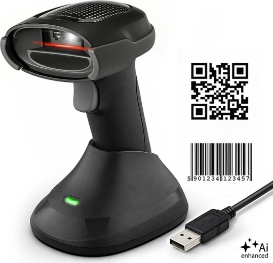 Lecteur de codes-barres sans fil Qoltec 1D et 2D avec station de recharge