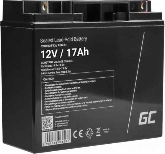 Batterie sans entretien AGM VRLA Green Cell AGM51 12V 17Ah (pour tondeuses à gazon, scooters, bateaux, fauteuils roulants)