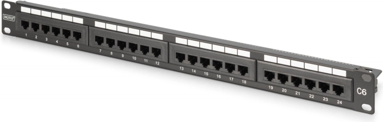 Panneau de brassage 19" 24× RJ45 Cat 6, non blindé, 1U, LSA, guidage des câbles, champs d’étiquetage, noir