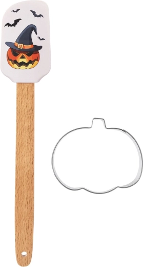 Spatule de cuisine en silicone Halloween avec manche en bois et emporte-pièce citrouille