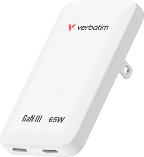 Verbatim Essentials chargeur slim GaN 65 W, 2× USB‑C, blanc (US/UK/EU)