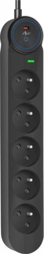 Protection contre les surtensions et les surcharges Art avec interrupteur, 5 prises, 1,5 m, noir