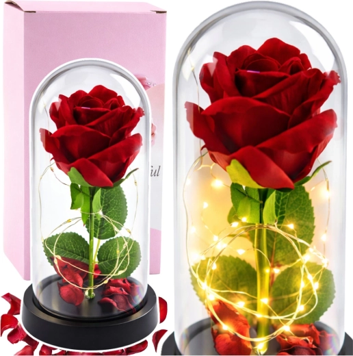 Rose éternelle en cristal sous cloche avec éclairage LED – Rouge avec pétales