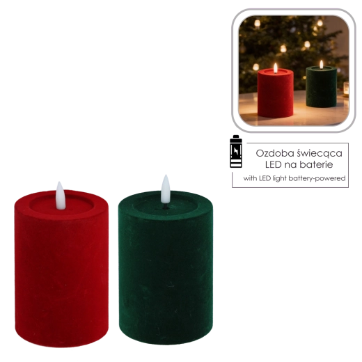 Bougie LED en velours avec flamme vacillante rouge/verte - 1 pièce