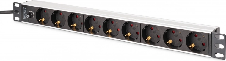 Multiprise PDU pour rack 19" avec fusible, 9x Schuko (45°), câble 2 m avec IEC C14, 10 A, aluminium