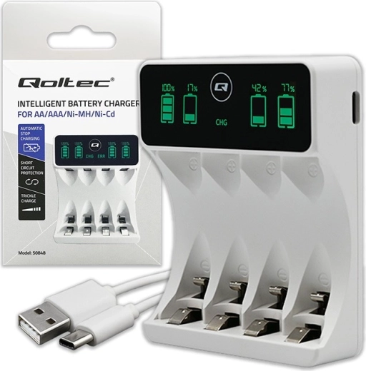 Chargeur pour accus Ni-MH AA/AAA avec écran LCD et câble USB‑C, blanc