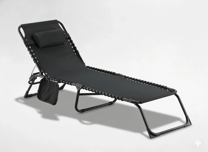 Lit de camp et chaise longue de jardin pliable avec poche, noir