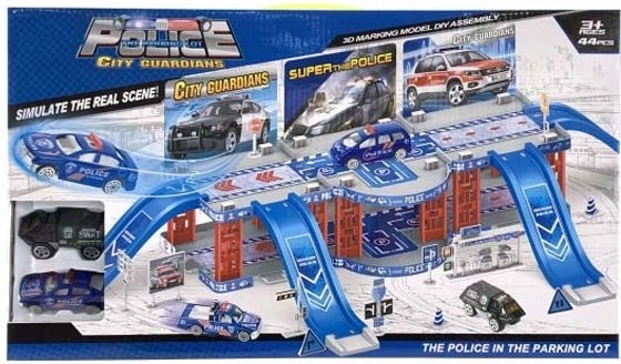 Parking de police avec 2 petites voitures métalliques