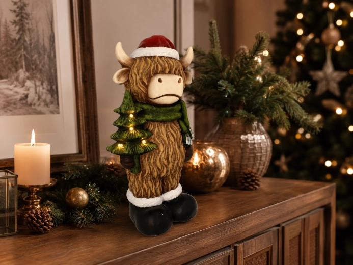 Figurine décorative de Noël – vache de montagne avec petit sapin LED