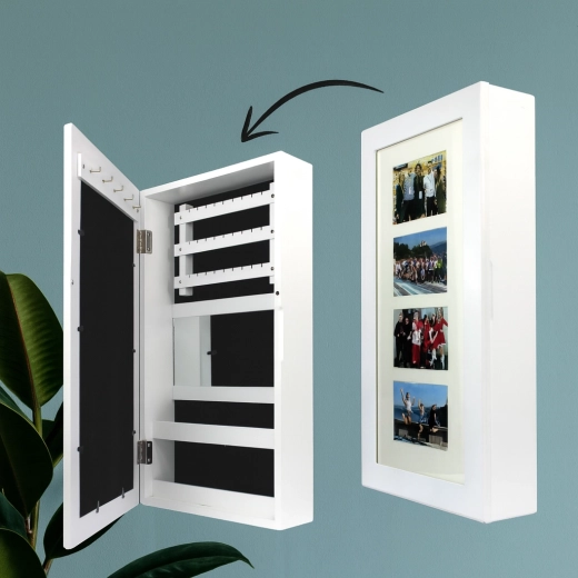 Boîte à bijoux murale blanche avec miroir 31 × 10 × 56 cm