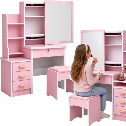 Coiffeuse cosmétique rose avec grand miroir, tiroirs, étagères et tabouret 131 × 80 × 36 cm