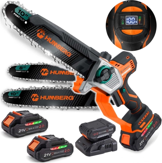 Tronçonneuse à chaîne sur batterie Humberg HM-437 avec 2× batteries 21 V 2,0 Ah, guide 10" et 8"