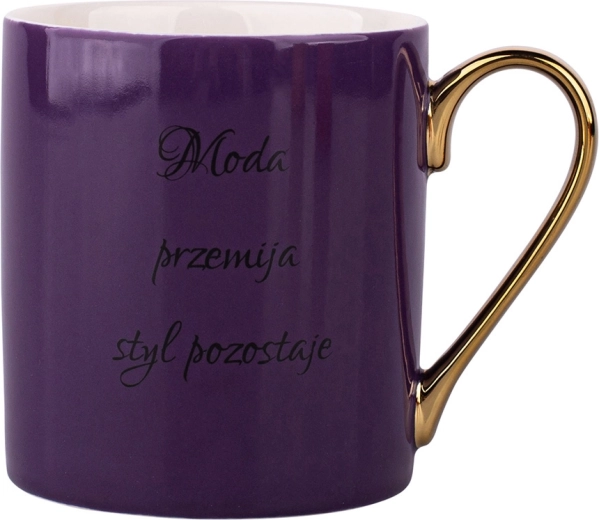 Tasse violette avec citation/inscription et anse dorée 300 ml